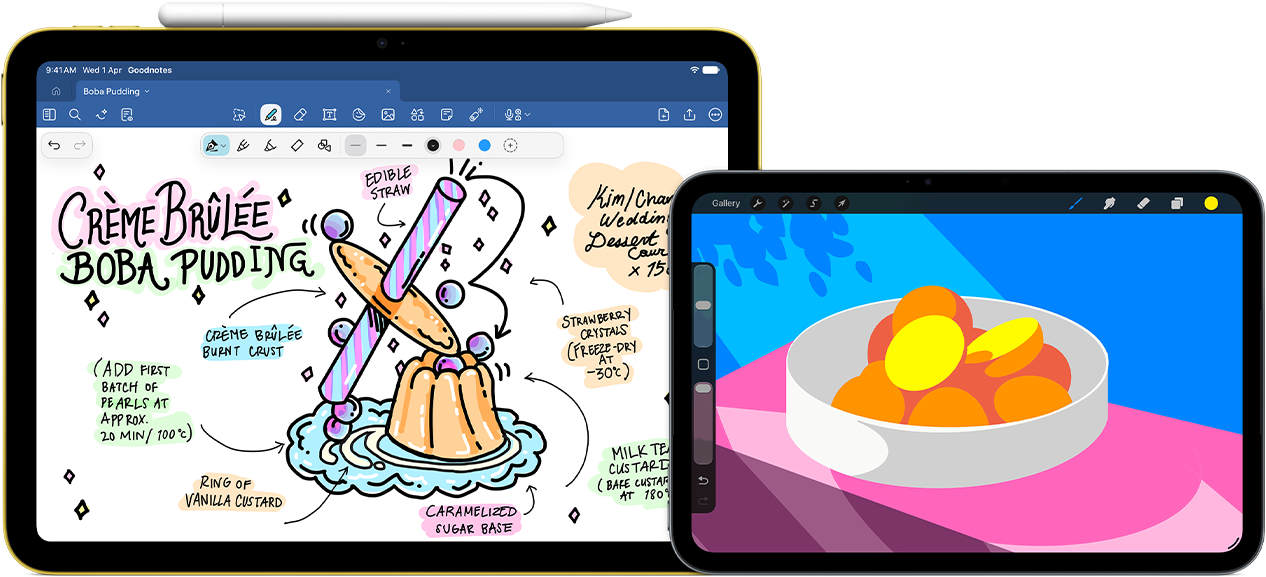 左側是橫向放置的 iPad，螢幕正顯示附有筆記和畫作的圖像；頂端貼合著 Apple Pencil USB-C。右側是橫向放置的 iPad mini，展示著以 ProCreate 繪製的彩色插圖。
