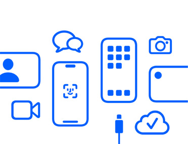 Dispositivos Apple y funcionalidades, iCloud, iPhone con Face ID y cable de carga, Cámara, conversación, Mensajes