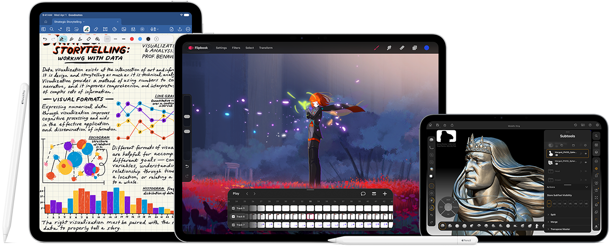 Image of Apple Pencil Pro and Apple Pencil USB-C next to multiple iPad devices displaying examples of handwritten notes and colourful illustrations created with Apple Pencil.