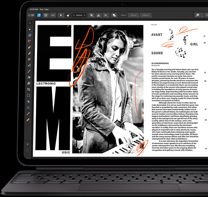iPad Pro, front exterior, landscape orientation, space black colour, attached to Magic Keyboard, open, front exterior, landscape orientation, black colour, iPad Pro display showing an article being edited