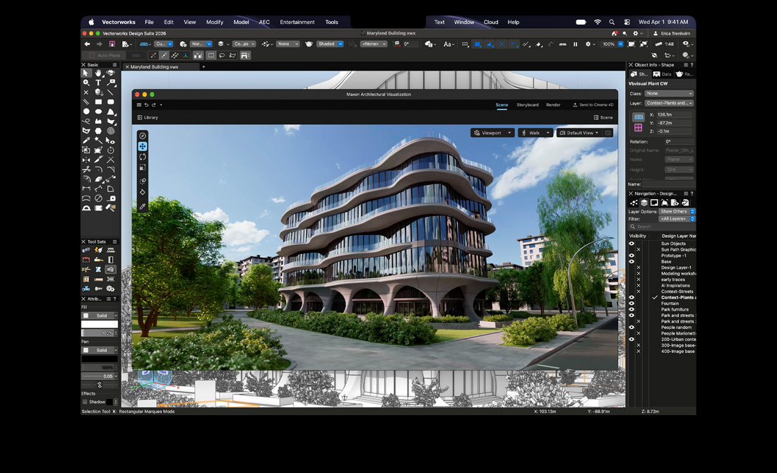 MacBook Pro screen showing Vectorworks Design Suite with Maxon Redshift