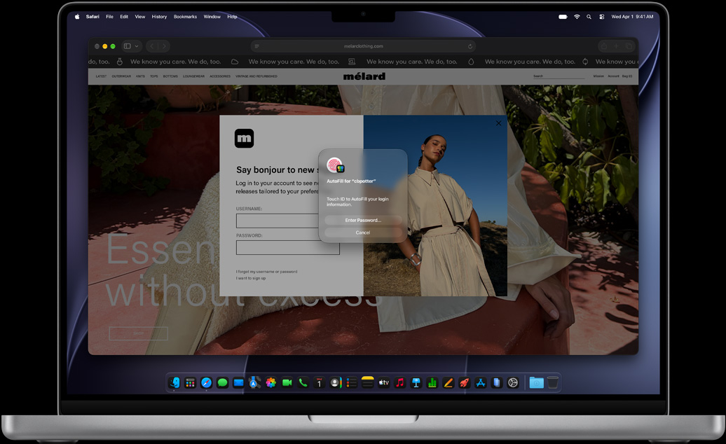 MacBook Pro, space black color, Safari and the Passwords app prompting user to log in to a website using Touch ID