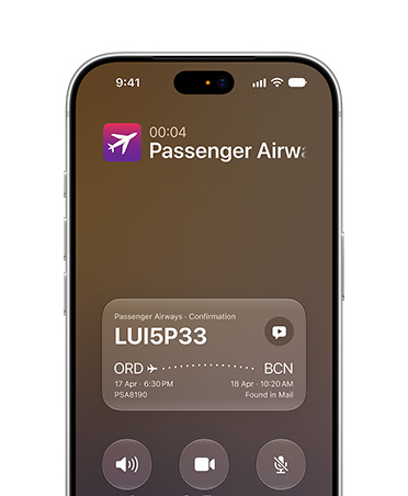 iPhone 18 Pro, Silver, screen displaying Call Context feature powered by Apple Intelligence and Siri AI. Front screen shows airline confirmation details while on a call.