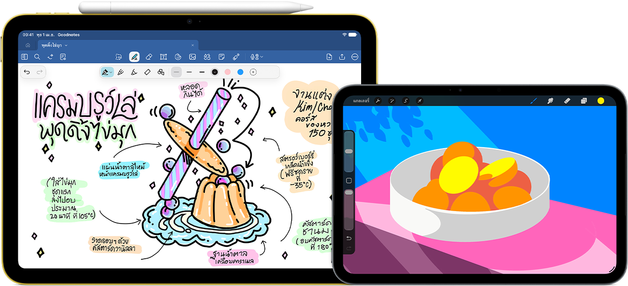 ทางซ้ายคือ iPad รุ่นที่ 10 ที่วางในแนวนอน แสดงภาพกราฟิกพร้อมโน้ตและภาพวาด โดยมี Apple Pencil USB-C ยึดติดอยู่ด้านบน ทางด้านขวาคือ iPad mini ที่วางในแนวนอน แสดงภาพวาดประกอบสีสันสดใสที่สร้างโดย ProCreate