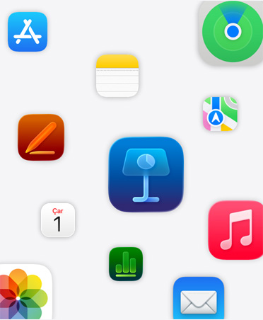Apple uygulamaları: Keynote, Pages, Numbers, Müzik, Fotoğraflar, Notlar, Takvim, Mail, FaceTime, Mesajlar, App Store