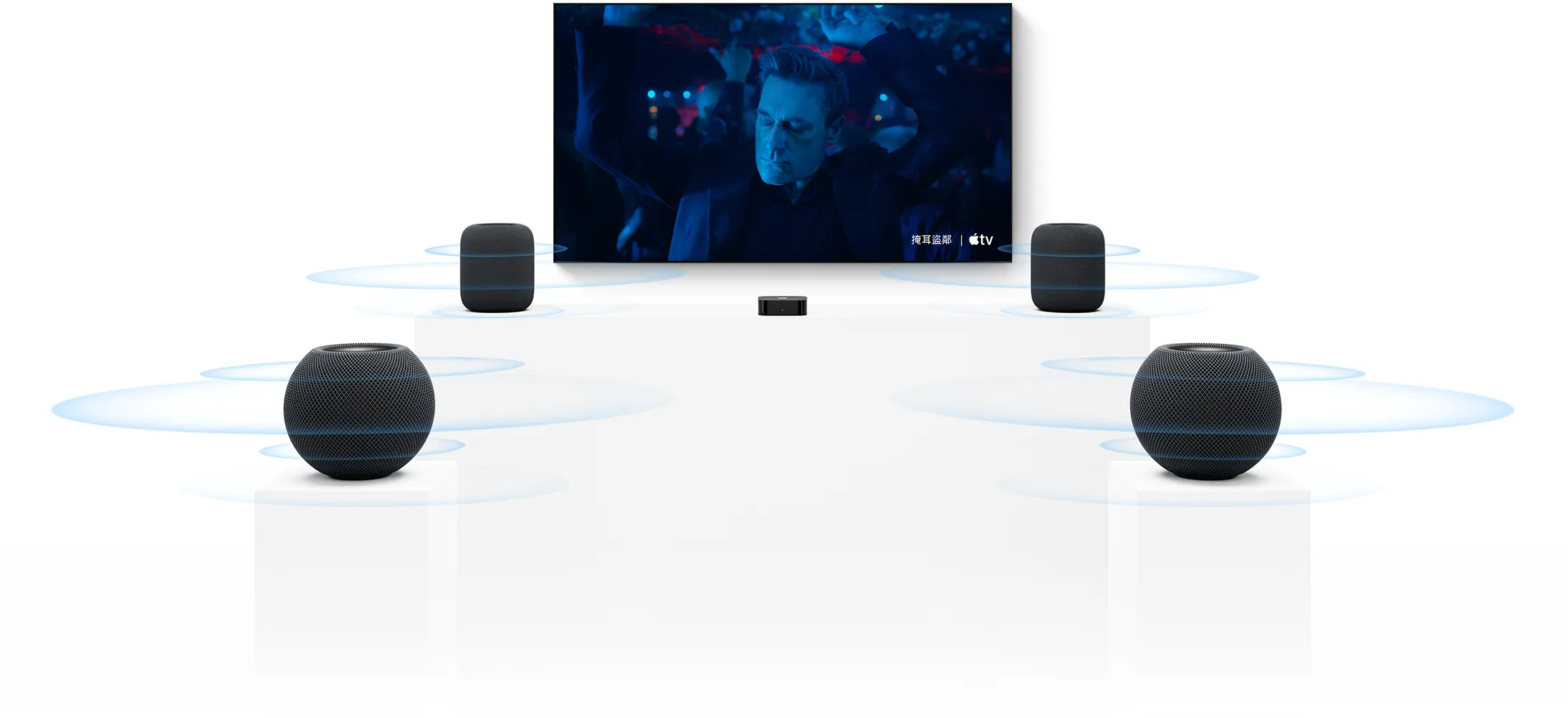 Apple TV 4K 與 HomePod：兩部 HomePod 揚聲器分別位於電視螢幕的兩側，另有兩部 HomePod mini 揚聲器位於前方，聲波環繞著每部揚聲器