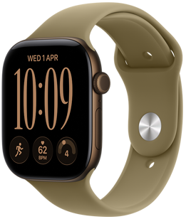 Apple Watch Series 12, алюмінієвий корпус темно-бронзового кольору, циферблат «Компактні модулі» з показниками: день і дата, тренування з бігу, серцевий ритм, готовність, правий бік корпусу, коронка Digital Crown, бічна кнопка, спортивний ремінець оливкового кольору