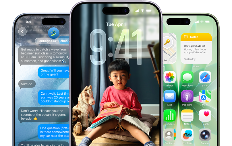 Пристрої iPhone 17, вигляд спереду, кольори: «синя мла», лавандовий, шавлієвий зелений, функції iOS — тло з повідомленнями, Liquid Glass, що відображає замкнений екран і початковий екран із різними додатками