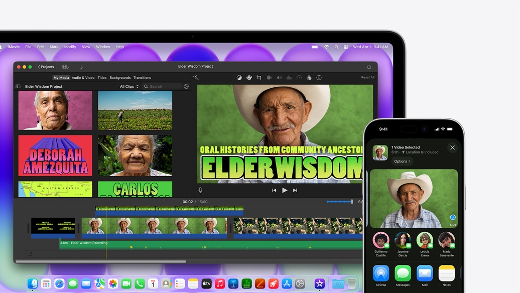 MacBook Neo срібного кольору з вікном iMovie під назвою «Проєкт “Мудрість старших”», поруч із iPhone, на якому відображається відео однієї з осіб, зображених у вікні iMovie, під відео — список опцій для спільного використання, включно з AirDrop