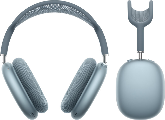 Mavi AirPods Max 2’in önden ve yandan görünümü