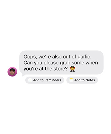 iMessage reçu avec deux boutons d’action suggérés en dessous, l’un pour ajouter un rappel, l’autre pour ajouter une note