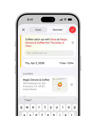iPhone 17 Pro argent, écran montrant Siri A I qui ajoute un événement à l’app Calendrier