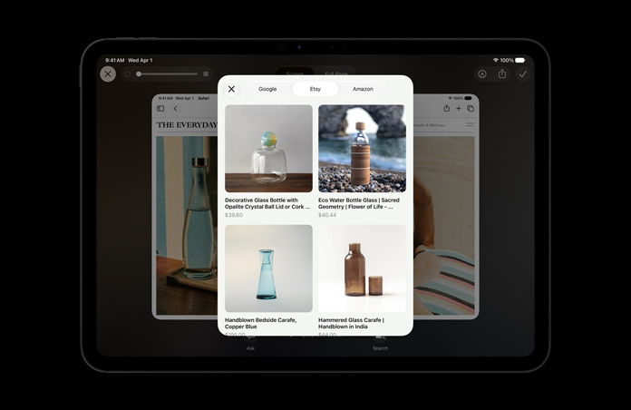 iPad Pro 11 pouces, noir infini, l’écran montre des images de produits en réponse à une requête avec l’intelligence visuelle sur des bouteilles de verre à l’écran, boutons Demander et Recherche d’images affichés sous les images