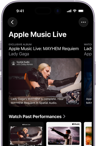Écran Apple Music Live sur iPhone affichant Regardez les éditions passées