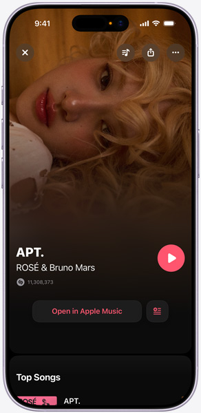 Écran d’iPhone affichant « APT » de ROSÉ et Bruno Mars indiquant que Shazam a identifié le morceau