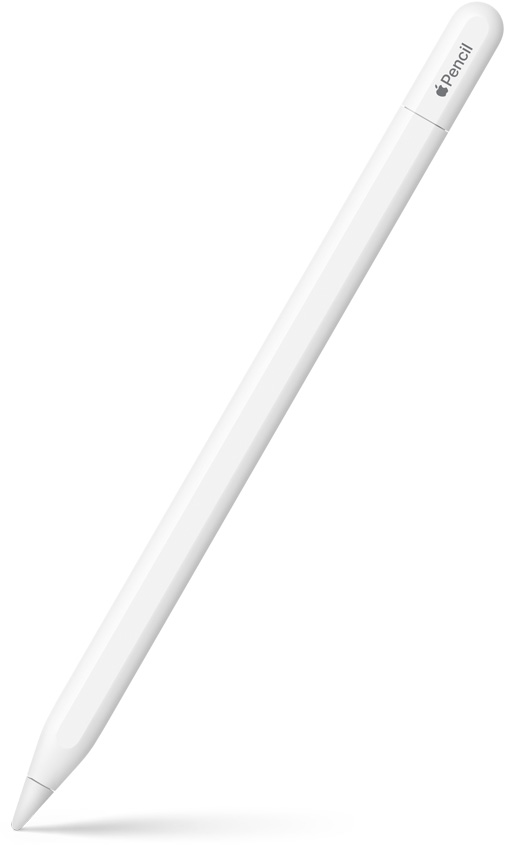 Vista inclinada del Apple Pencil con USB-C en vertical con la punta hacia abajo. El extremo superior es redondeado y muestra cómo el tapón se desliza y se abre para conectar un cable USB-C. El extremo superior incluye el logo de Apple y el nombre del producto. En la parte inferior se muestra un efecto de sombra.