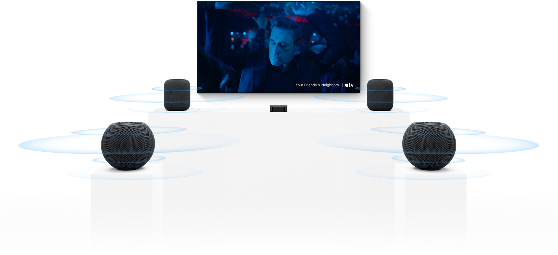 Apple TV 4K และ HomePod: ลำโพง HomePod สองตัว, วางอยู่แต่ละด้านของหน้าจอทีวี, ลำโพง HomePod mini อีกสองตัววางอยู่ด้านหน้า, คลื่นเสียงอยู่รอบๆ แต่ละตัว