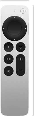 Siri Remote, ภายนอกด้านหน้า, ผิวสัมผัสอะลูมิเนียมสีเงิน, คลิกแพดและปุ่ม
