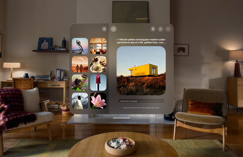 Image Playground Bildschirm auf der Apple Vision Pro schwebt im Raum mit einem Genmoji Gesicht