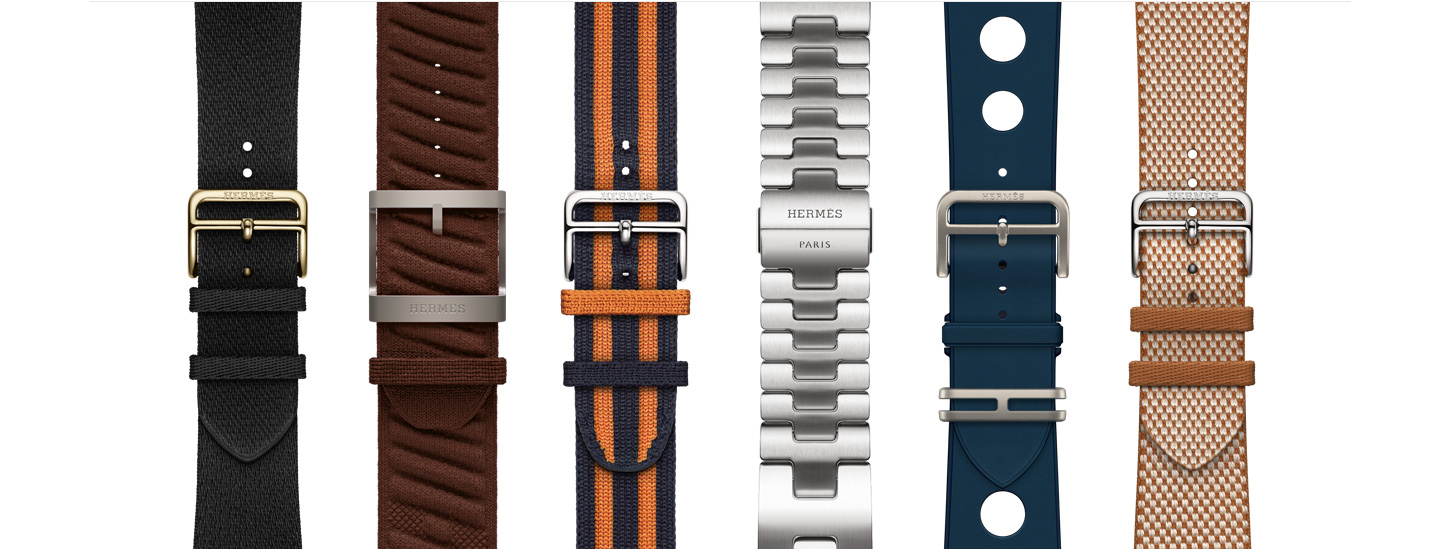 Sechs Apple Watch Hermès Armbänder in unterschiedlichen Stilen und Farben
