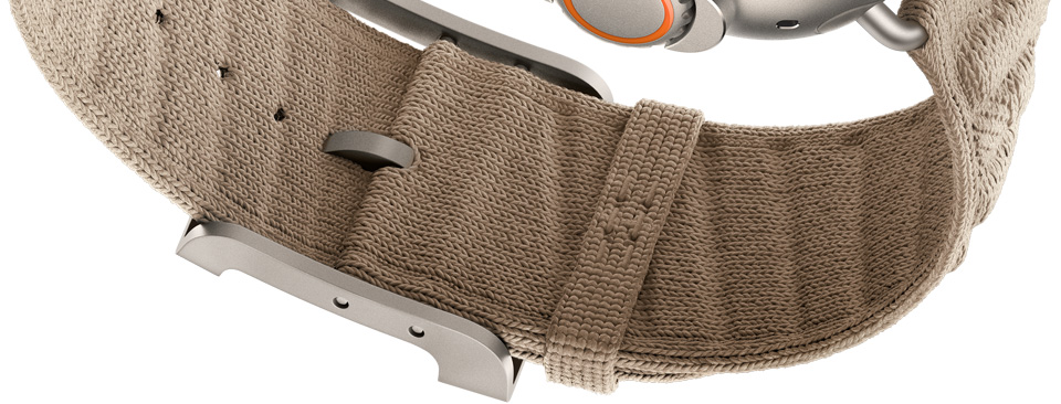 Apple Watch Hermès Ultra 4 En Mer Armband, Farbe Argile (Hellbraun), Verschlussdetail von unten, strukturiertes Strickgewebe