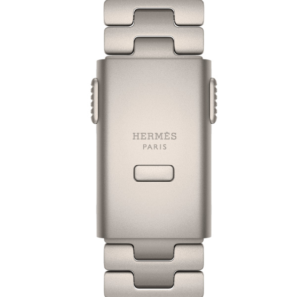 Apple Watch Hermès Ultra 4 Grand H Titane Armbanddetail, Farbe Gris Titane, Hermès Logo auf Schliesse eingraviert