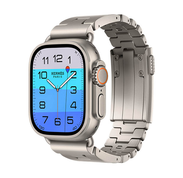 Apple Watch Hermès Ultra 4, analoge Fathom und Wonder Zifferblätter (Stunden-, Minuten- und Sekundenzeiger, Tiefe Komplikation, mit einer tauchenden Person, die im Meer mit einem Farbverlauf von Hellblau nach Dunkelblau abtaucht), Titangehäuse, Farbe Natur, rechte Seitenansicht, Digital Crown, erhöhte Seitentaste, kombiniert mit Grand H Titane Armband, Farbe Gris Titane
