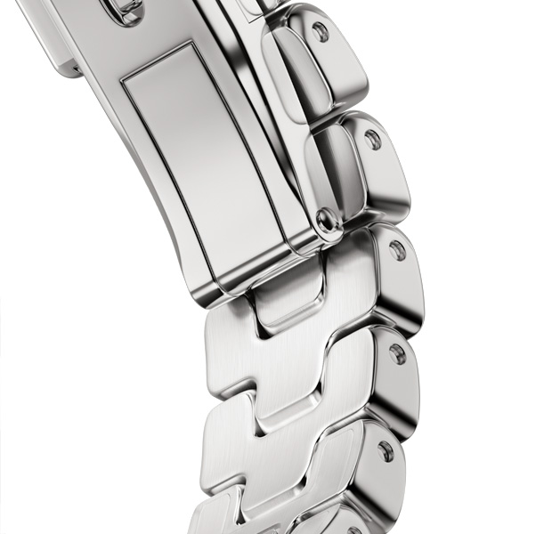 Apple Watch Hermès Series 12 Grand H Armbanddetail, Farbe Satiné, leicht zu öffnende Metallschliesse