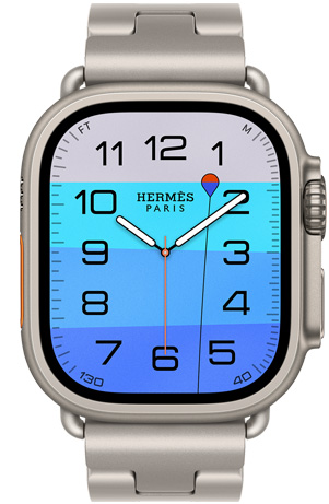 Apple Watch Hermès Ultra 4, analoge Fathom und Wonder Zifferblätter (Stunden-, Minuten- und Sekundenzeiger, Tiefe Komplikation, mit einer orangefarbenen Boje, die auf einem türkisen Meer mit einem Farbverlauf von Hell- zu Dunkelblau treibt), Titangehäuse, Farbe Natur, rechte Seitenansicht, Digital Crown, erhöhte Seitentaste, kombiniert mit Grand H Titane Armband, Farbe Gris Titane