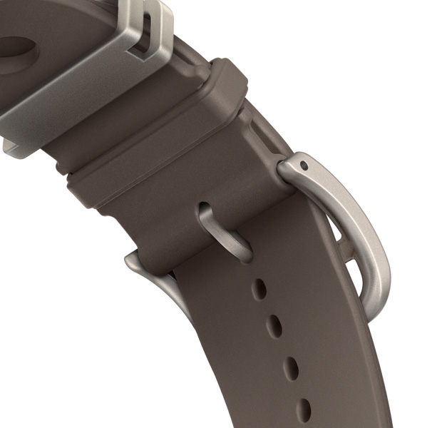 Apple Watch Hermès Ultra 4 Scub’H Diving Armband, Farbe Gris Titane (Grau), Verschlussdetail von unten, weiches geformtes Gummimaterial, runde Aussparungen in der Mitte