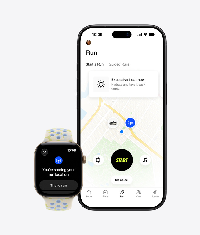 Apple Watch Series 12, Aluminiumgehäuse, Farbe Lichtgold, Nike Sport Loop Armband, Farbe Pavement Grey (Dunkelgrau mit Webmuster in hellerem Grau und roten Details), Bildschirm für Standortsharing, iPhone 18 Pro, Nike Run Club App zeigt Laufroute auf einer Karte