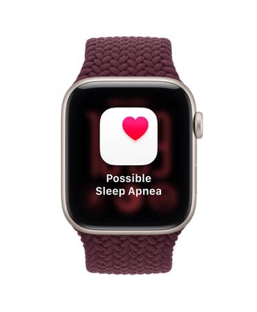 Apple Watch SE 3, aluminum case, starlight color, screen shows health tracking (possible sleep apnea notification), right side exterior, Digital Crown dial, Braided Sport Loop band, burgundy color