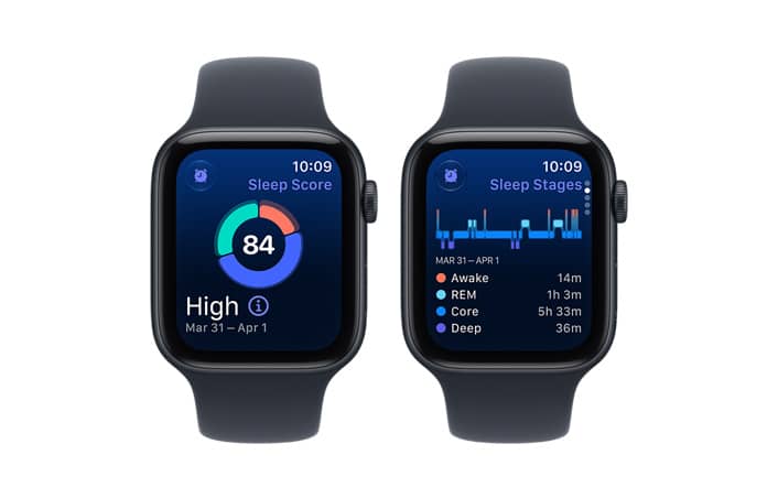Apple Watch SE 3 devices, aluminum case, midnight color, screens show sleep score, sleep stages, right side exterior, Digital Crown dials, Sport Bands, navy blue color