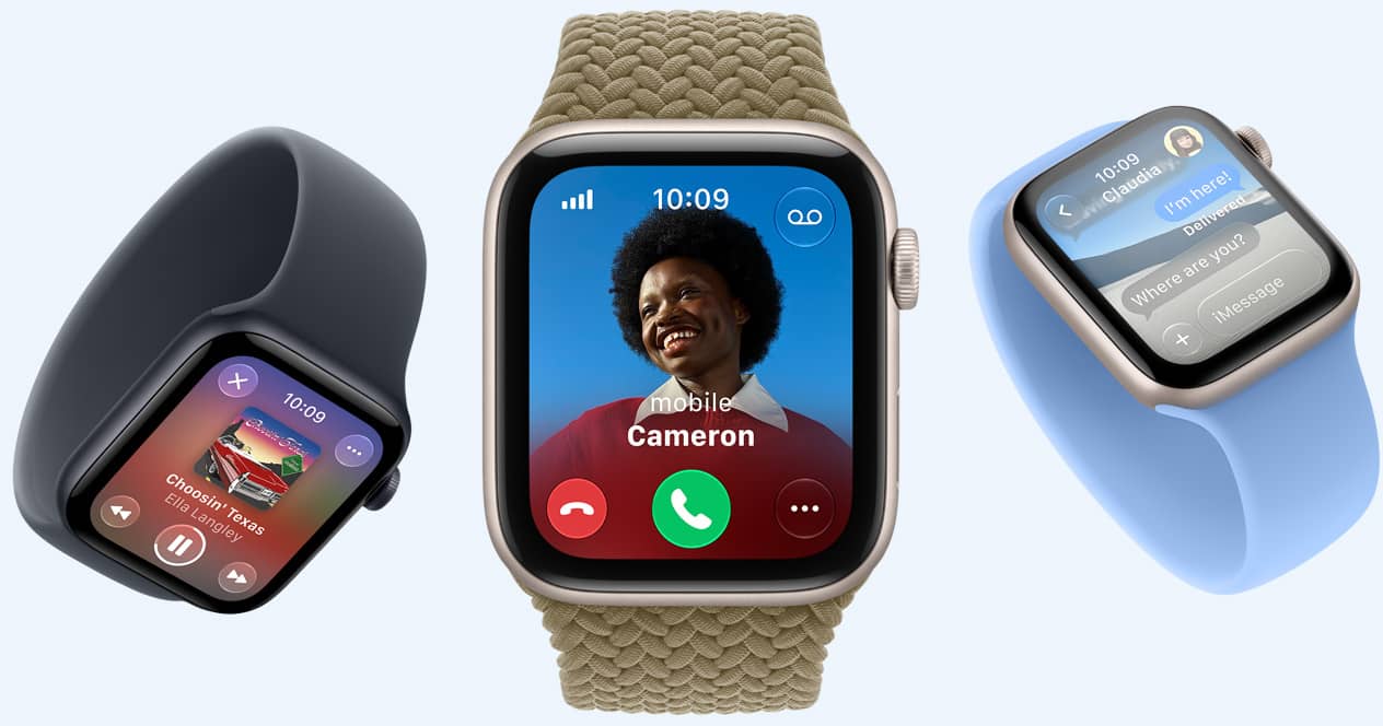 Apple Watch SE 3 devices, aluminum cases, starlight and midnight colors, screens show Apple Music, incoming call, Messages, bands: Solo Loop, navy blue and wildflower blue colors, Braided Solo Loop, olive color (earthy green)