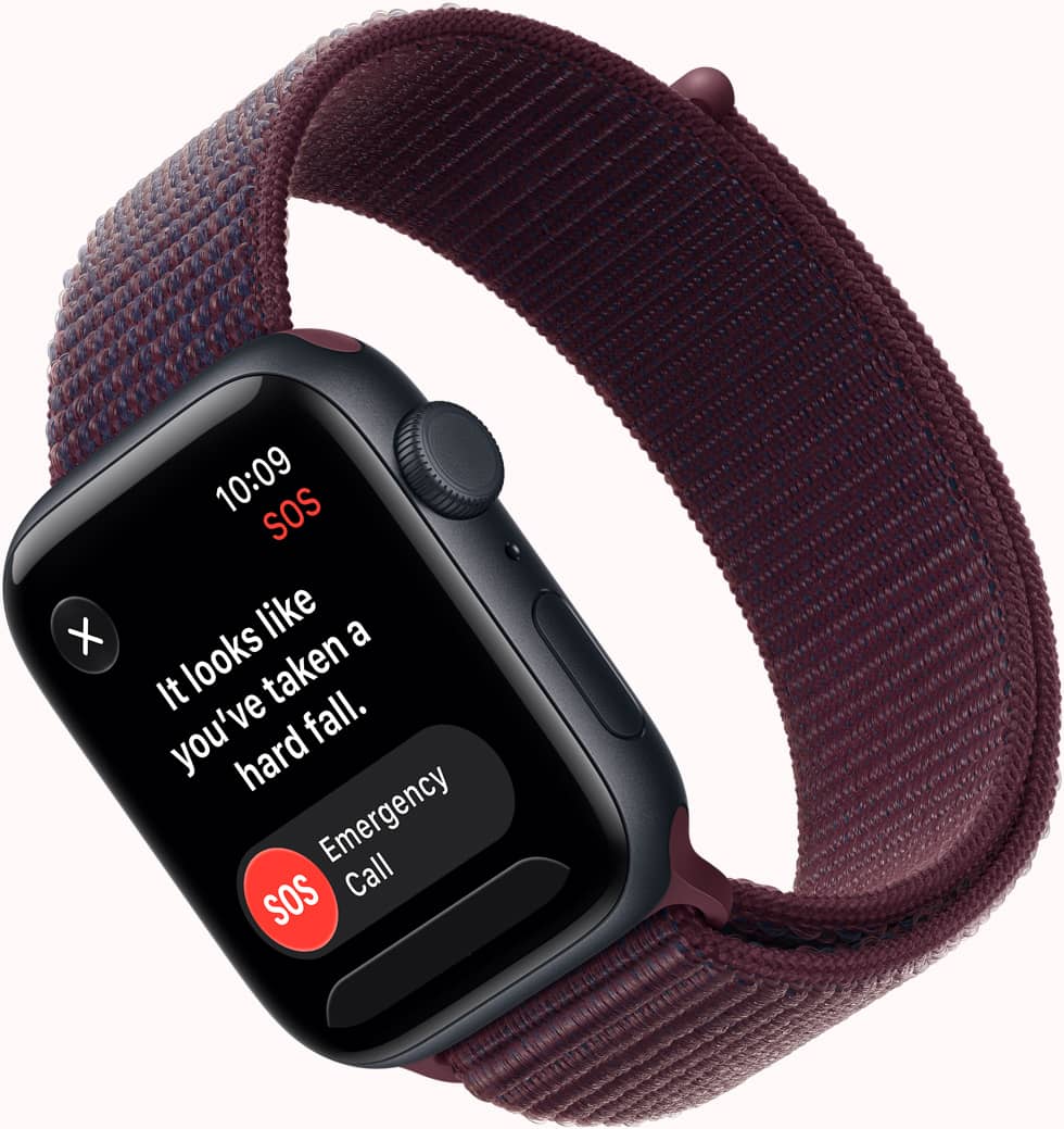Apple Watch SE 3, aluminum case, midnight color, connected to Sport Loop band, burgundy color, screen shows SOS Fall Detection notification, emergency call button