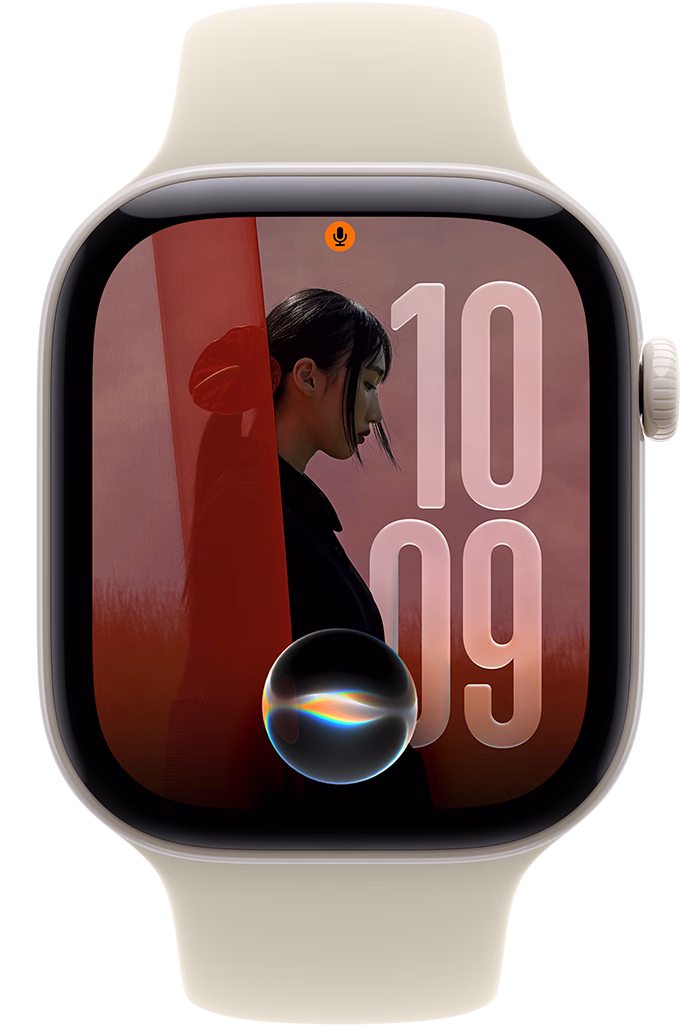 Apple Watch Series 12, boîtier en céramique, blanc nacré, cadran Photos avec l’icône Siri, côté droit, Digital Crown, Bracelet Sport, sable