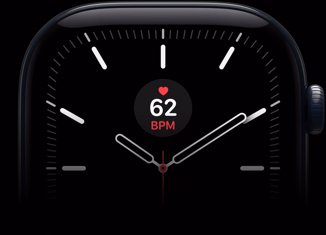 Apple Watch Series 12，夜藍色精密陶瓷錶殼，螢幕顯示經線錶面上的心率複雜功能，機身右側有數碼錶冠