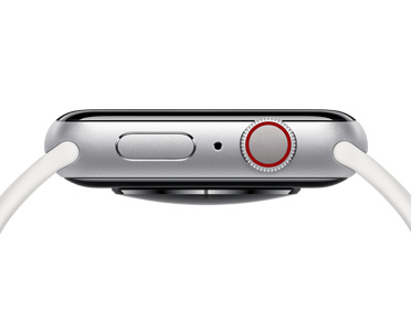 Apple Watch，銀色錶殼，機身右側有側邊按鈕、咪高風小孔和數碼錶冠