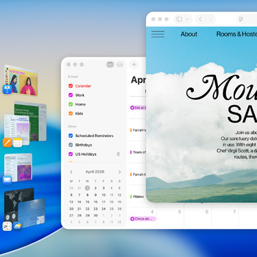 Meerdere vensters en apps die op een scherm worden weergegeven, met onder andere Keynote, Pages, Mail en een website met inhoud over een sereen toevluchtsoord.