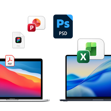 Vooraanzicht van twee MacBooks naast elkaar met verschillende kleurrijke bureaubladachtergronden. In een boog boven de MacBooks worden bestandssymbolen weergegeven. Er worden bestandssymbolen weergegeven voor een Acrobat-bestand, Quickbooks-bestand, PowerPoint-bestand, Photoshop-bestand en Excel-bestand.