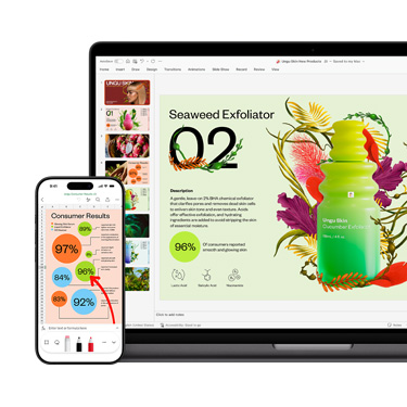 Vooraanzicht van een Mac en een iPhone met verschillende delen van dezelfde levendige en kleurrijke presentatie voor een huidverzorgingsproduct.