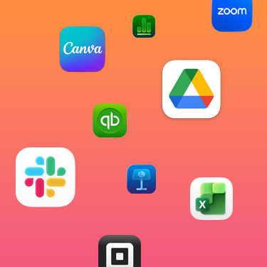 Symbolen van productiviteitsapps zoals Slack, Canva, Google Workspace, Zoom, Quickbooks, Keynote, Excel, Square en Numbers tegen een kleurrijke achtergrond.