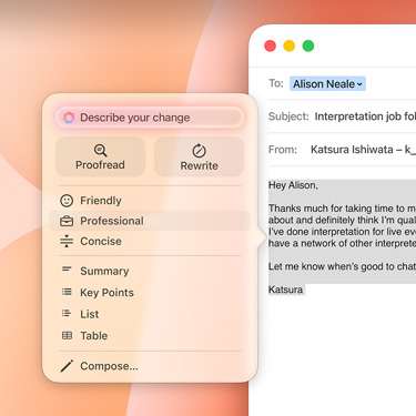 Een zakelijke e-mail met een Apple Intelligence-prompt.