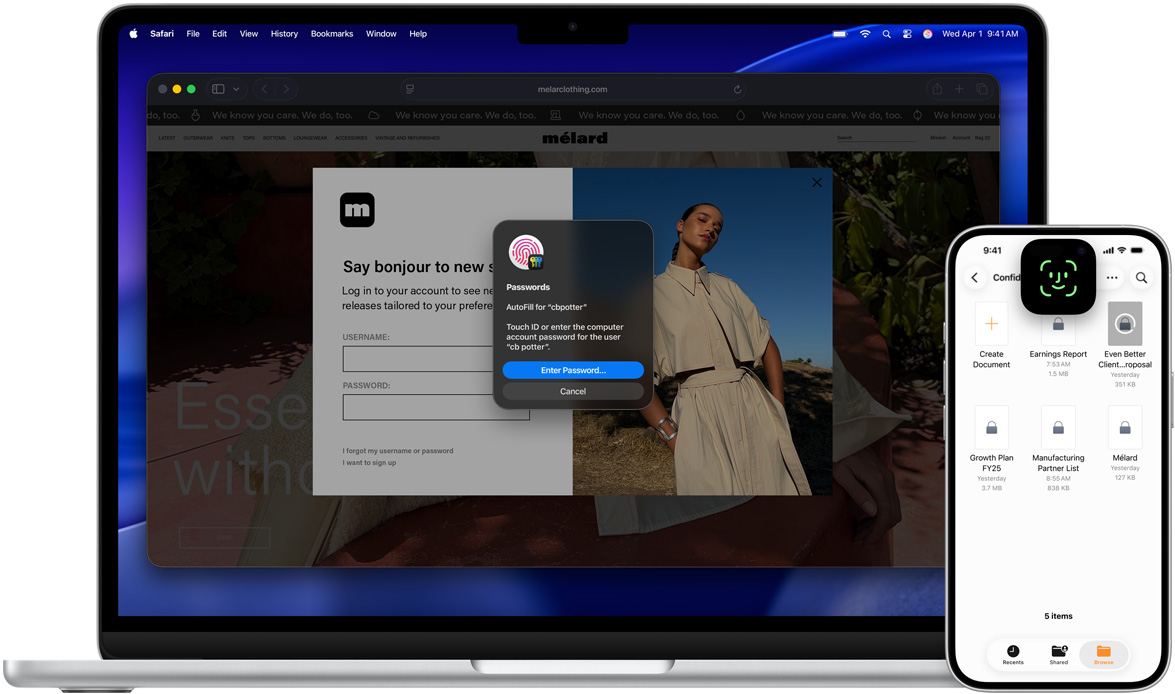 MacBook met Touch ID-venster, met macOS Tahoe-achtergrond, en voor de MacBook een iPhone met Face ID-scherm.