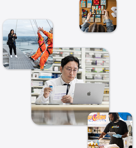 Verschillende ondernemers, waaronder een apotheker in een labjas die op een MacBook werkt, een bungeejump-instructeur die met een iPhone een foto maakt van twee mensen die op het punt staan om te gaan bungeejumpen en een man die een iPad vasthoudt terwijl hij met etenswaren werkt