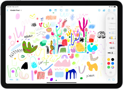 On an iPad, the drawing tools drawer in the Freeform app is open on top of a colorful drawing
