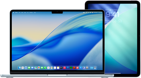 左がMacBook、右がiPad。どちらの画面にも、青と緑の壁紙が表示されている