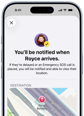 iPhone 螢幕顯示已設置「尋找」通知的確認訊息，文字顯示「You'll be notified when Pedro arrives」，螢幕底部顯示有位置標記的地圖。