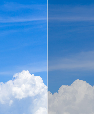 Two-part image of clouds in sky showing before and after using color grading tool