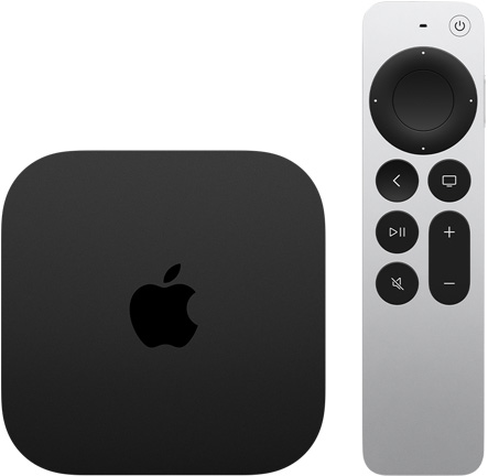 Apple TV 4K, black color, top exterior, shown with Siri Remote, silver color